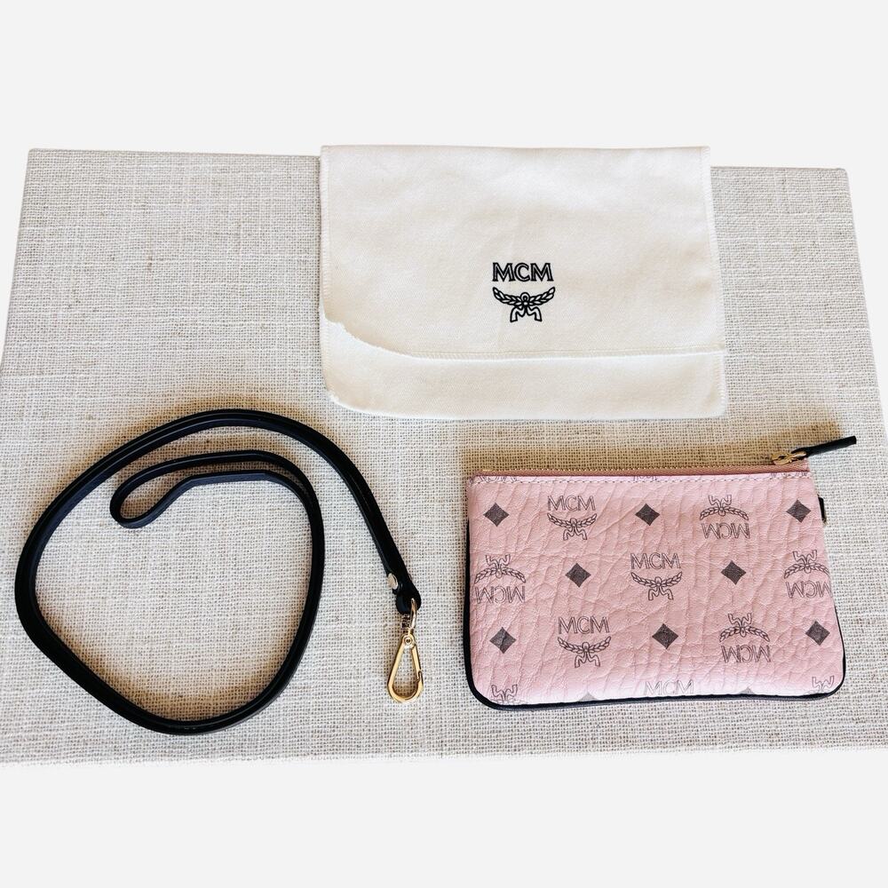 NEW MCM Powder Pink Visetos Coated Canvas Small Zippered Coin Pouch W/ Lanyard